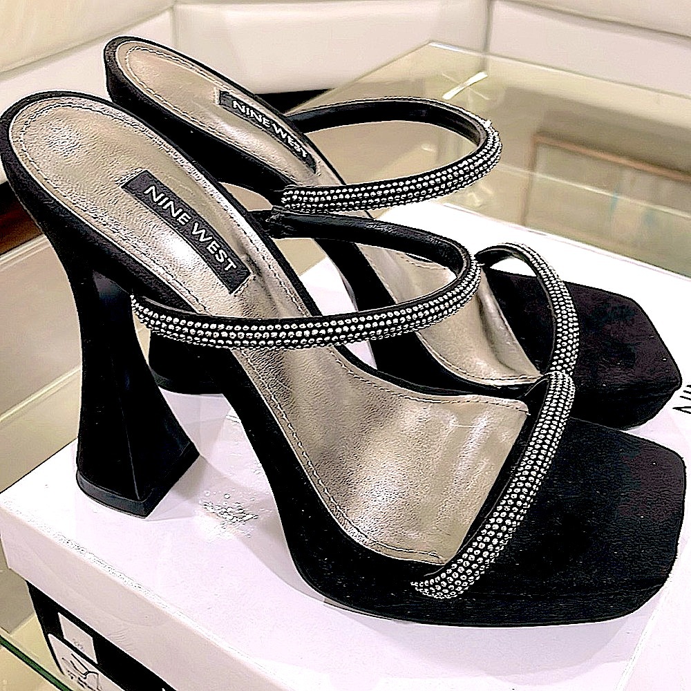 NIB NINE WEST rhinestone strap black platform open toe sandals cocktail heel 7 - Picture 11 of 14